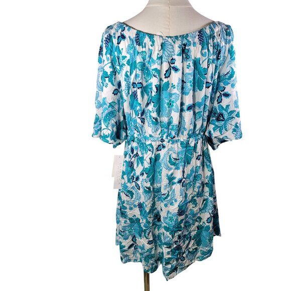 La Blanca Womens Off-Shoulder Floral Tunic Dress XL Rayon/Elastane White & Blue - Picture 9 of 9